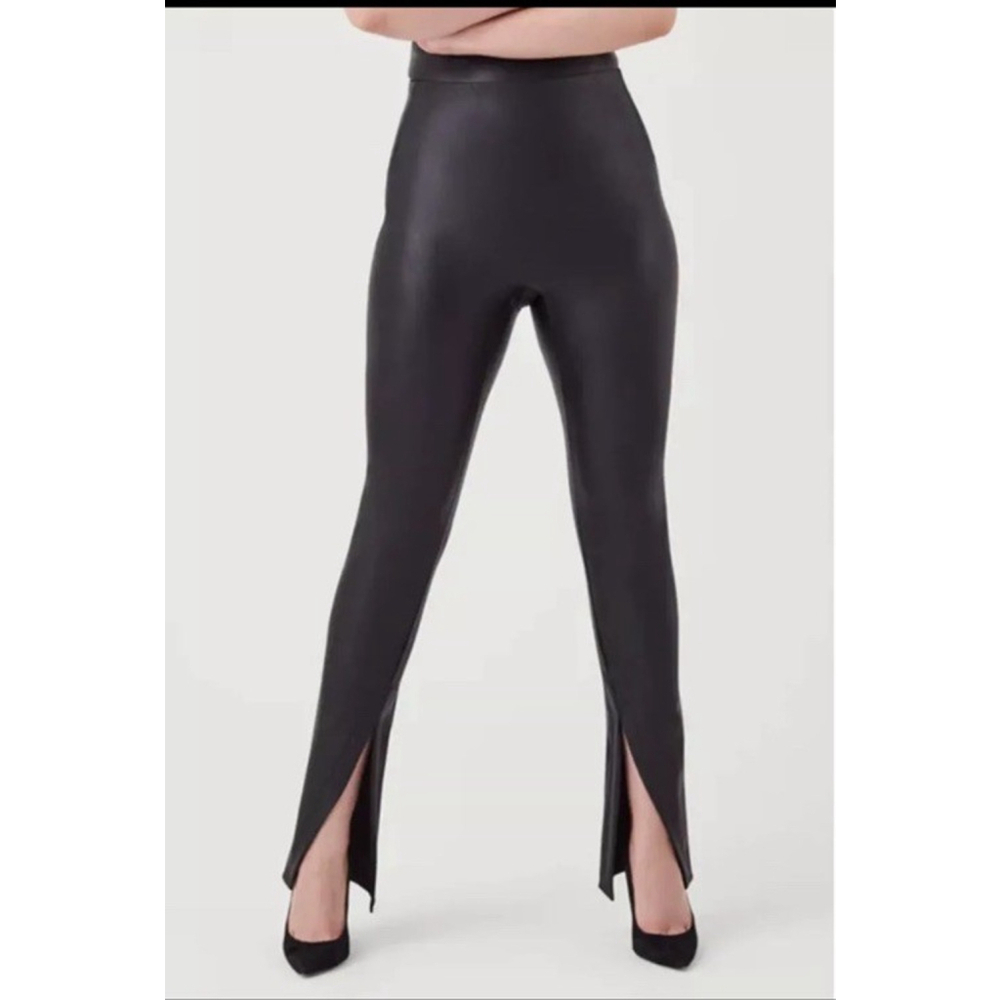 Spanx Women's Black Faux Leather Front Slit Leggings Sz 1X Casual Minimalist